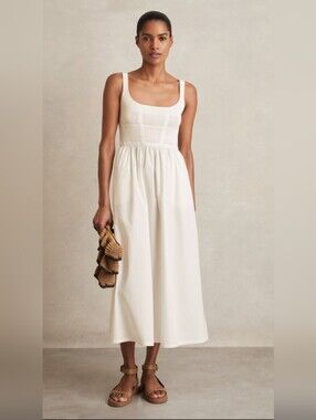 Brand New With Tags Reiss Perforated-Knit-Cotton Skirt Midi Dress In Ivory